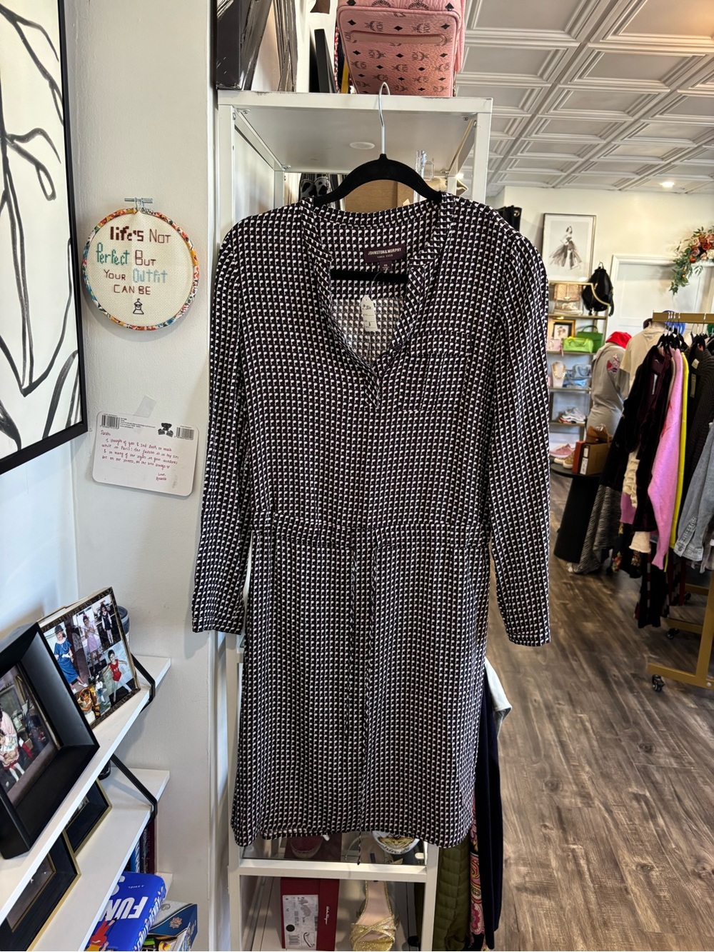 Johnston & Murphy Brown black and White Geometric Long Sleeve Dress